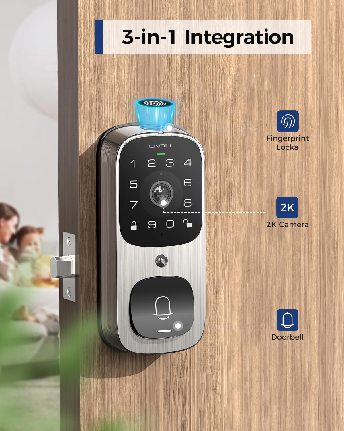 Lndu Smart Lock With 6 In 1 Camera+Doorbell+Fingerprint Keyless Entry, Wifi Door Lock For Front Door With 32Gb Emmc, 2K Doorbell